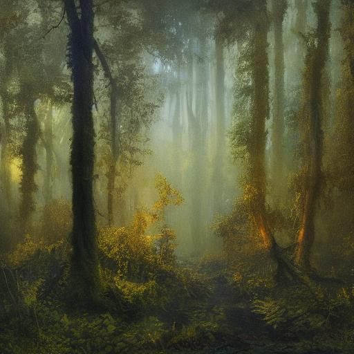 a night glowing forest with huge vines where is an abandoned...