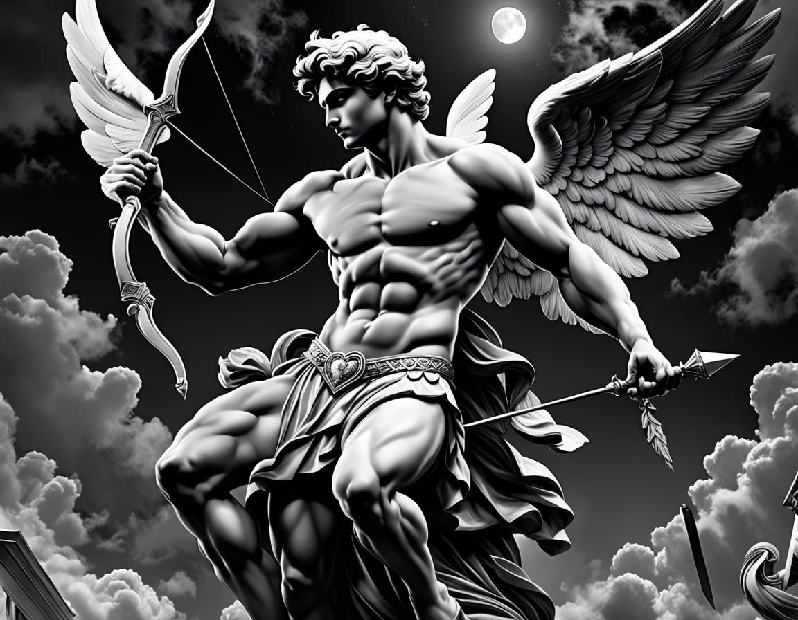 (((dark comic))), Black and white, (((Cupid))), Greek god Er...
