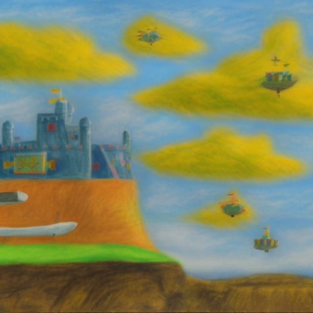 flying castle in the sky and flying boats, oil pastel on can...