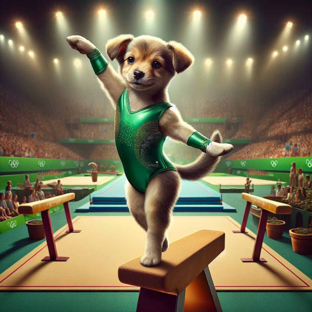 a cute puppy in a gymnastics leotard, standing on the gymnas...