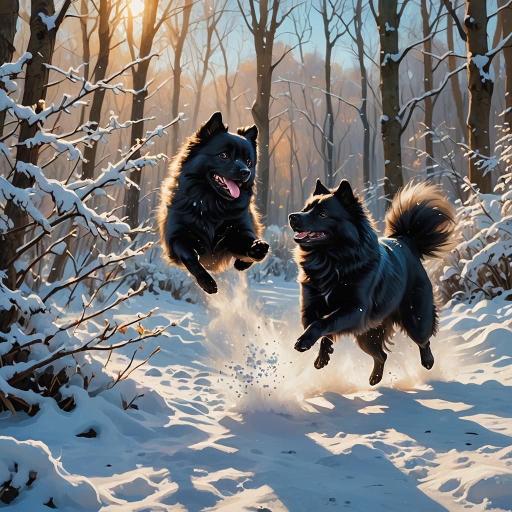 Black Spitz hunting snow ball in winter garden 