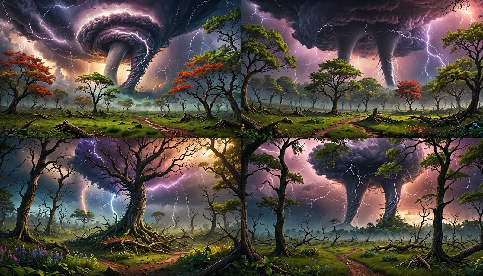 tornado of magic enchanted beautiful colors along vast magic forest ...