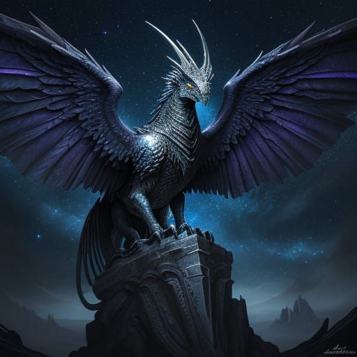 Mythological Creature on Archway Under Starry Night Sky