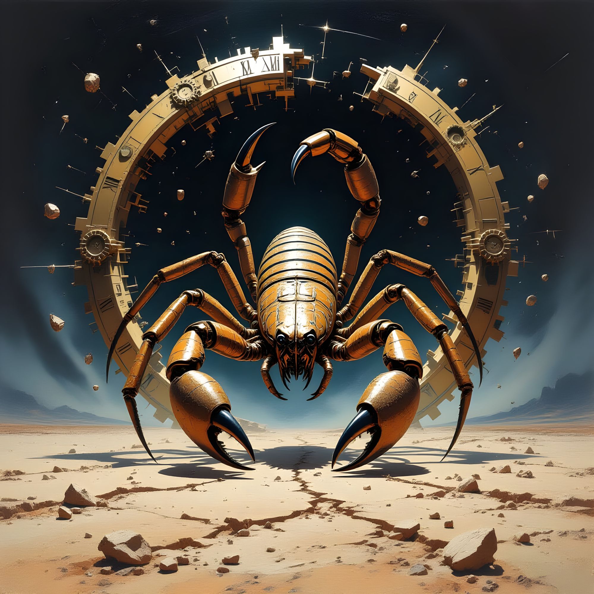 A giant scorpion embedded in clock watch pieces of metal in the World’s darkest atmosphere  traveles alone  the Black Rock Desert.  one of t...