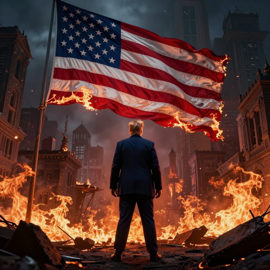 Waste, fraud, and abuse. Trump stands in a burning city, watching the American flag burn.