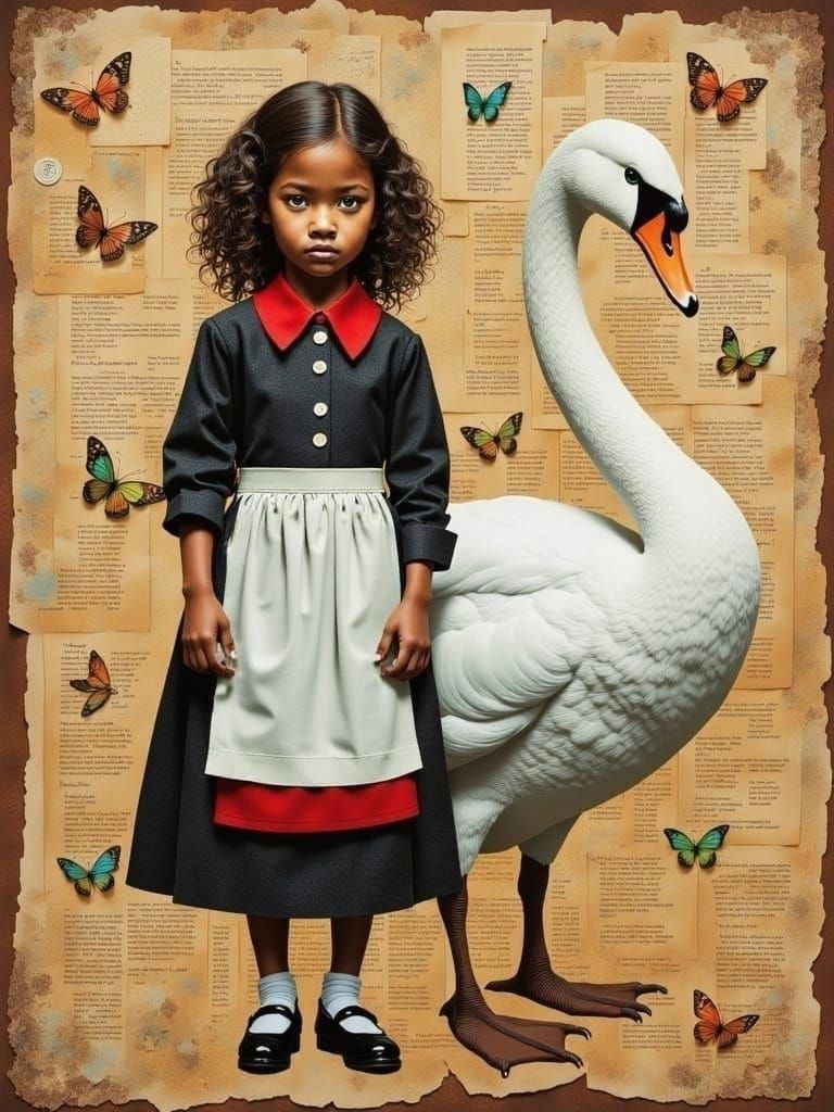 Vintage-Inspired Girl and Swan Collage in Whimsical Dreamwor...