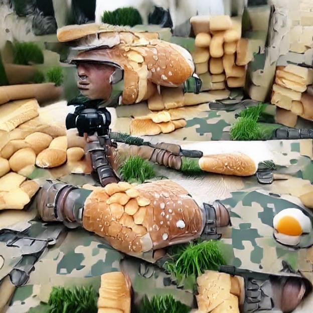 Army soldier made of bread firing a baguette gun