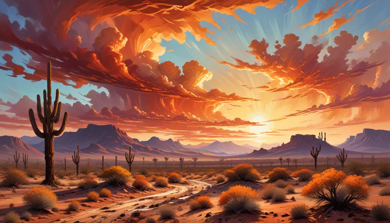 a vibrant desert landscape stretching out. The sky is ablaze with fiery colors, Rendered in the style ...  by @Solfreedom