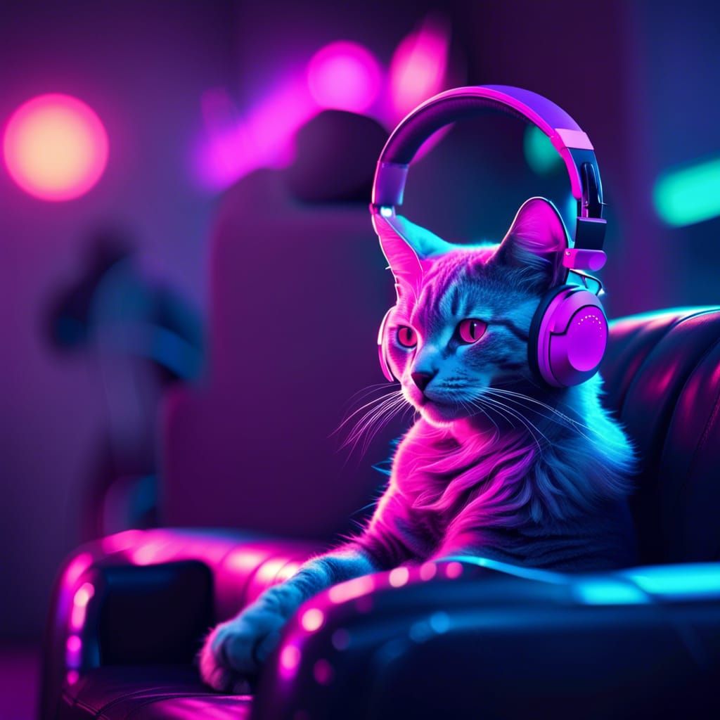 a synthwave cat listening to music with headphones sitting in a sofa ...