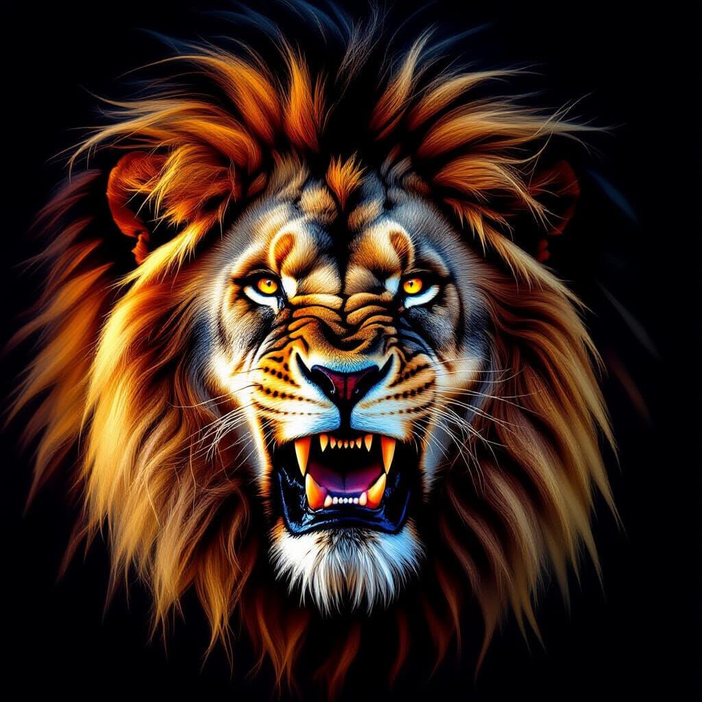 אריה אדיר מימדים נועץ מבט זועם רואים רק את הפנים שלו יחד עם רעמת השיער תמונה מרשימה מאד מטילה אימה