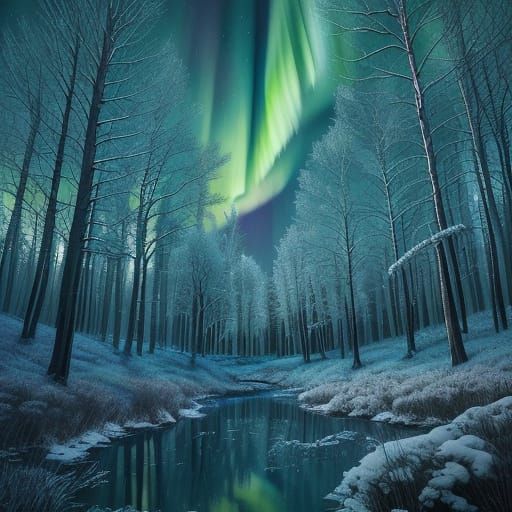 Aurora Borealis Over Winter Forest in Ethereal Fantasy Art