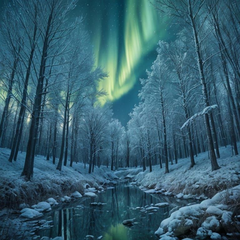 Aurora Borealis Over Winter Forest in Ethereal Fantasy Art