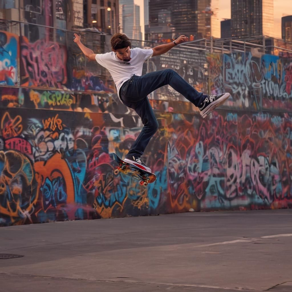 Skateboarder mid-kickflip, capturing dynamic movement, urban...