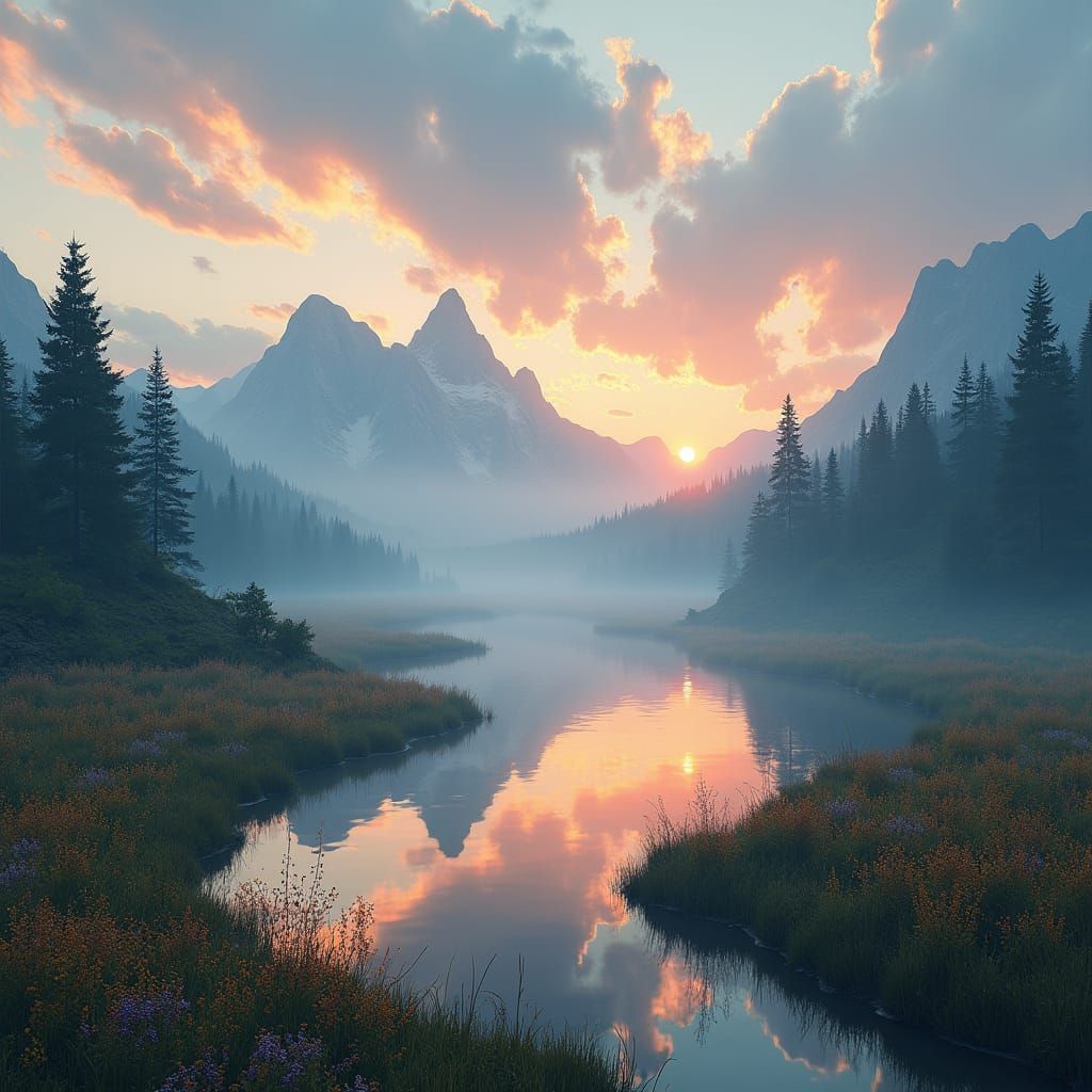 fantasy meadow landscape with mountains and lake at sunrise with cloudy background and myst
