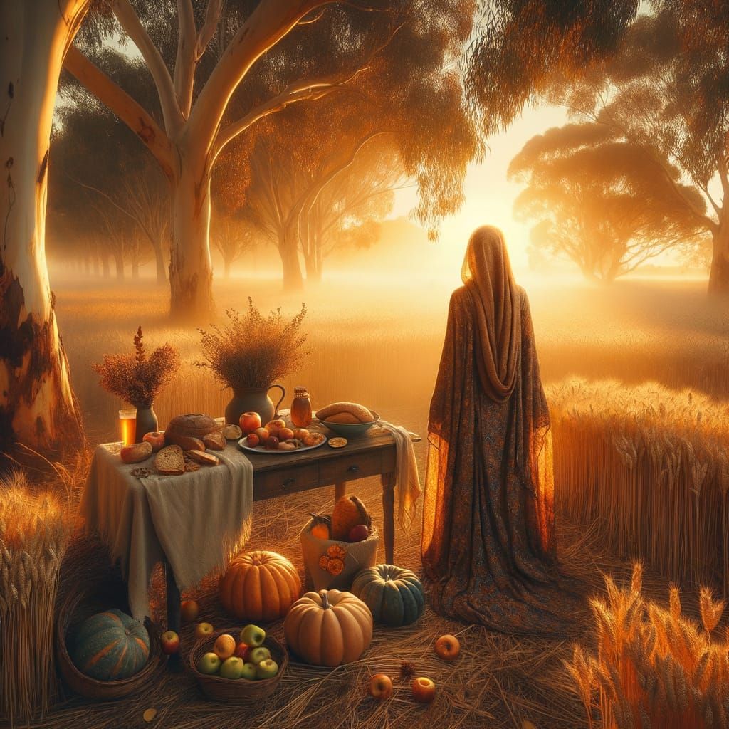 Grateful Autumn Harvest Scene with Ethereal Realism