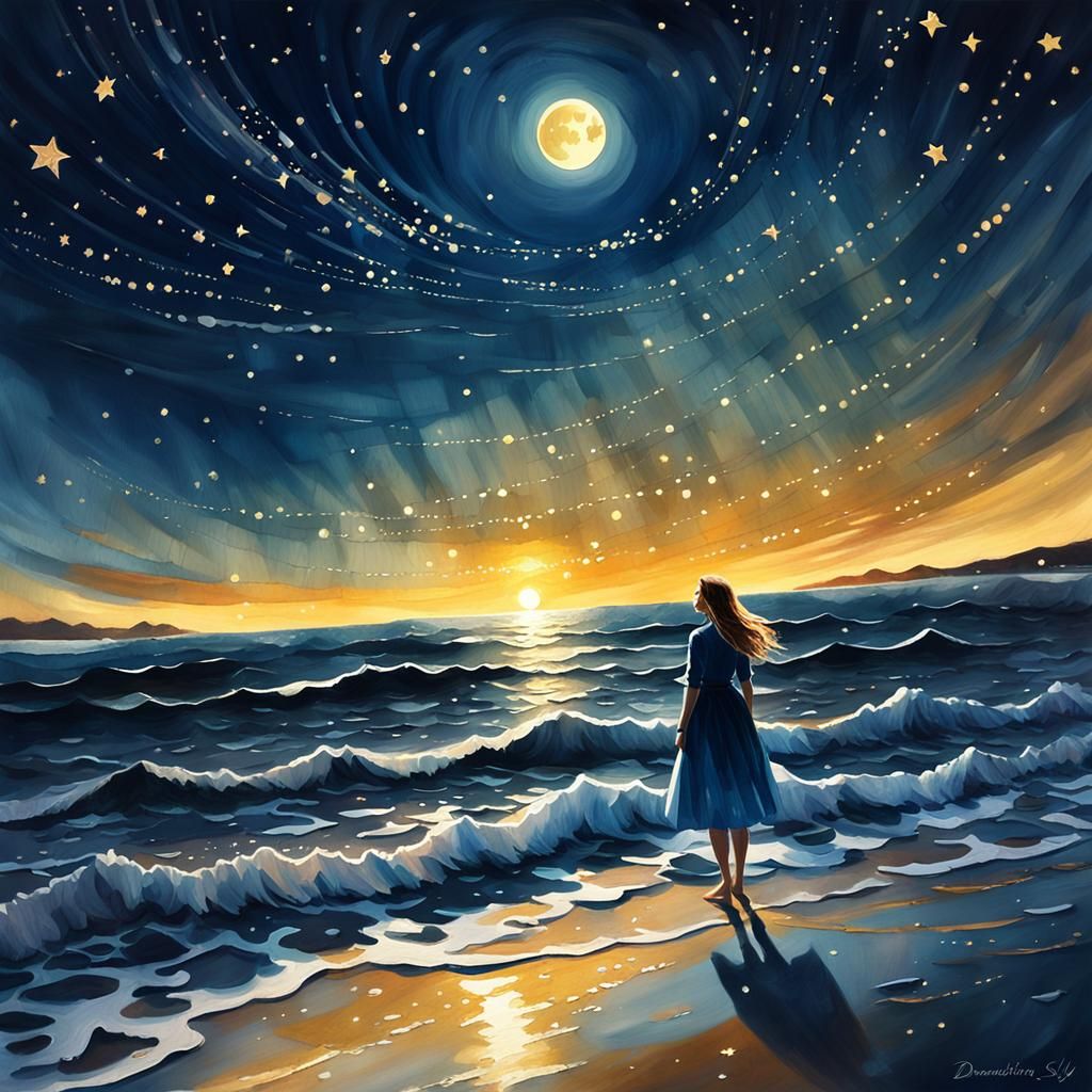 Girl at Ocean's Edge: Dreamlike Oil Painting