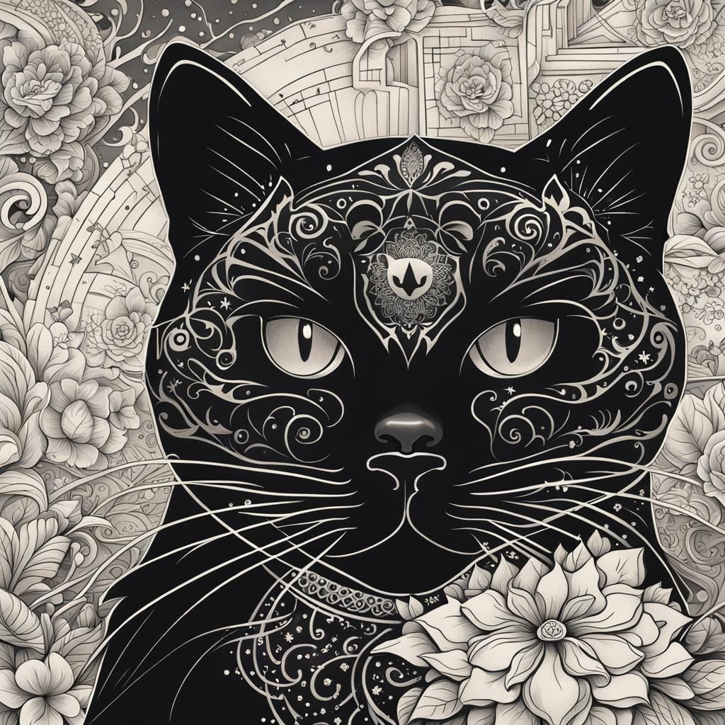 Black cat with intricate tattoos