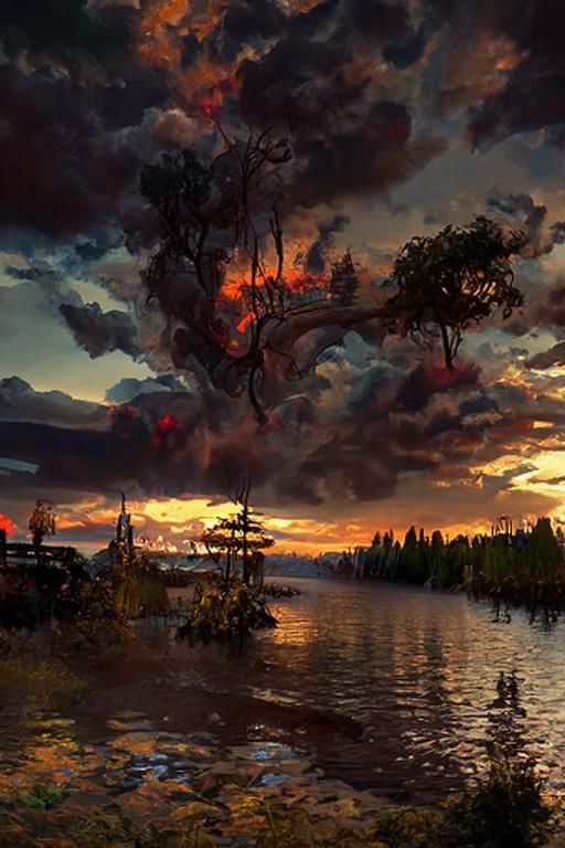 Sunset with dark clouds lake below and trees 8k resolution concept art