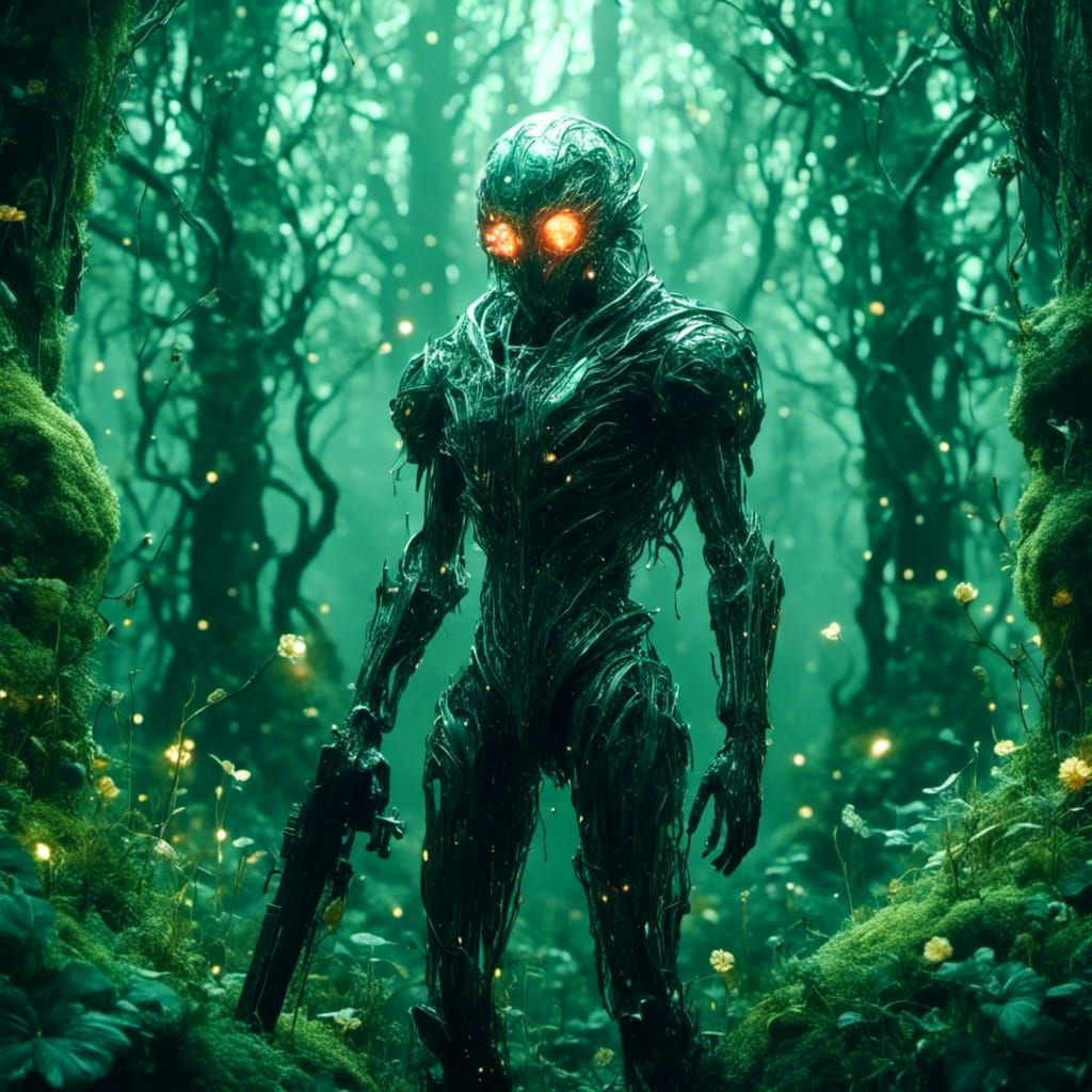 <lora:eye:1.0> <lora:SurDime:1.0> A soldier stands in a totally alien forest