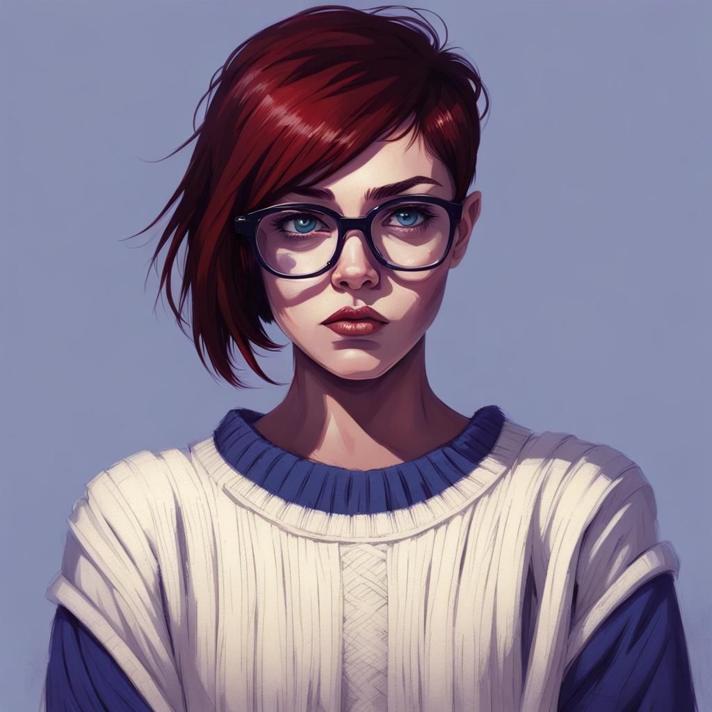 muscular young lady, dark red hair, pixie cut hair, square g...
