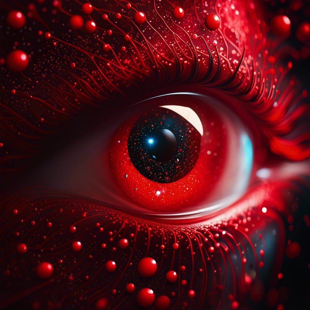 Eye with a luminescent red glow.  by @Immortal Daisy