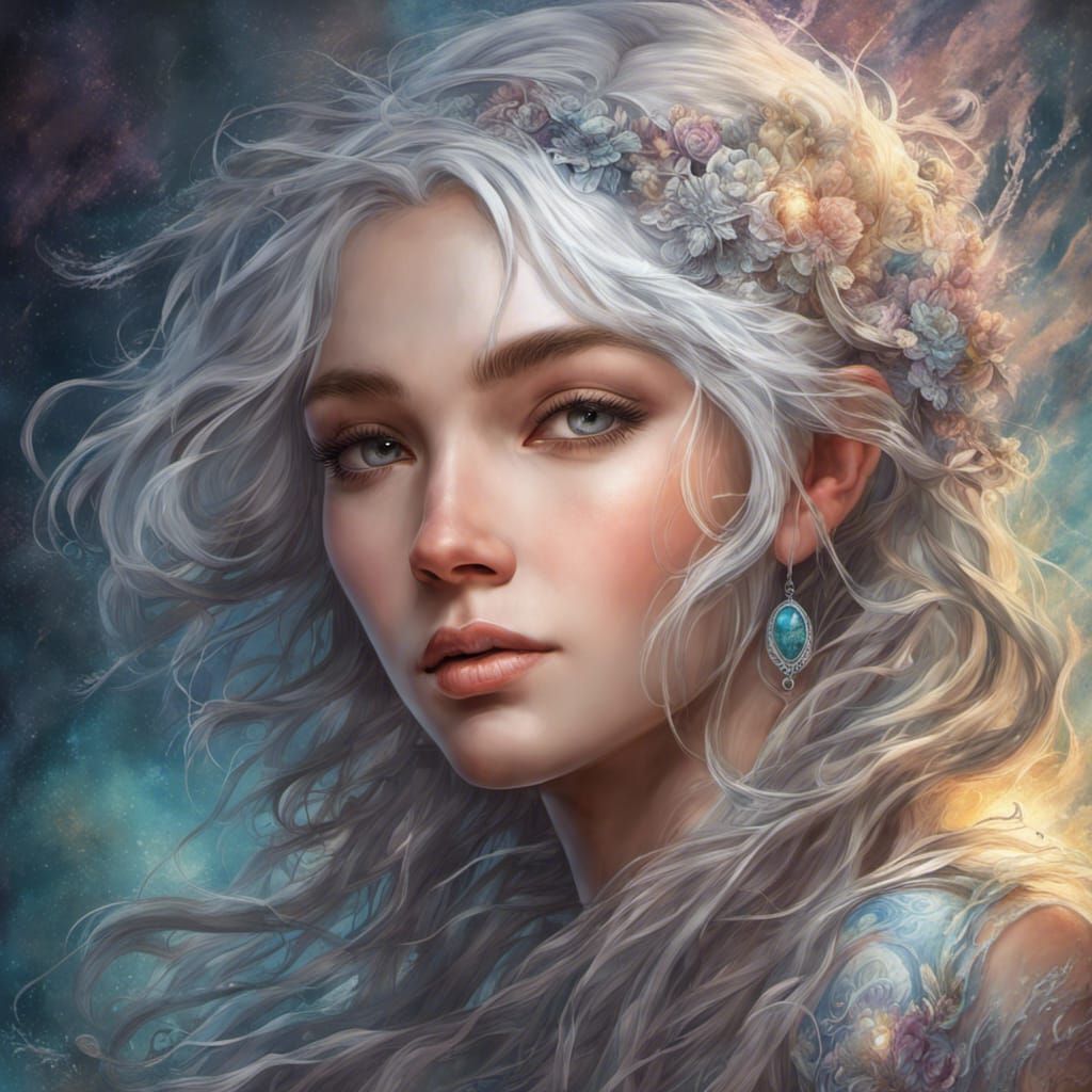 stunningly beautiful girl with silver hair josephine wall style - AI ...