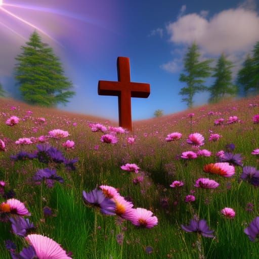Cross in a beautiful flower meadow