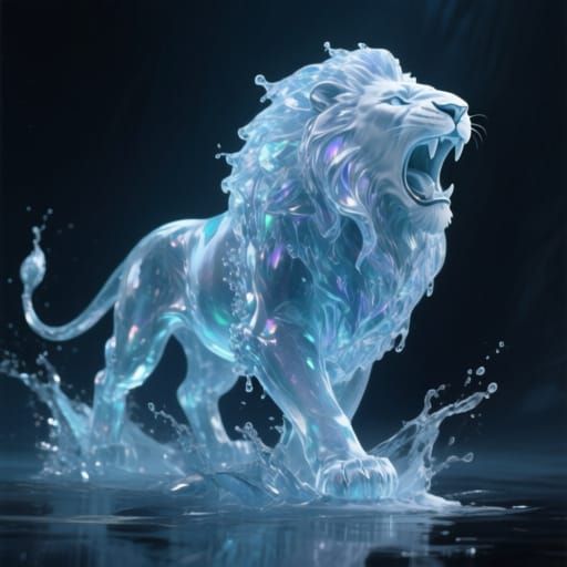 An ethereal sculpture of a roaring lion , entirely composed of shimmering, clear colorless water, frozen in motion, against a dark, contempl...