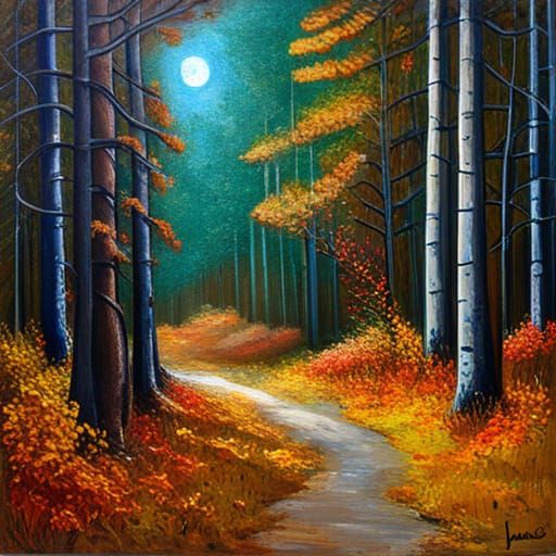 <lora:Fallways:1.0> <lora:Whispered Inky Paint:1.0> <lora:Foggy water:1.0> <lora:-Omnious-:1.0>  Icy blue moon with stars shining over autum...