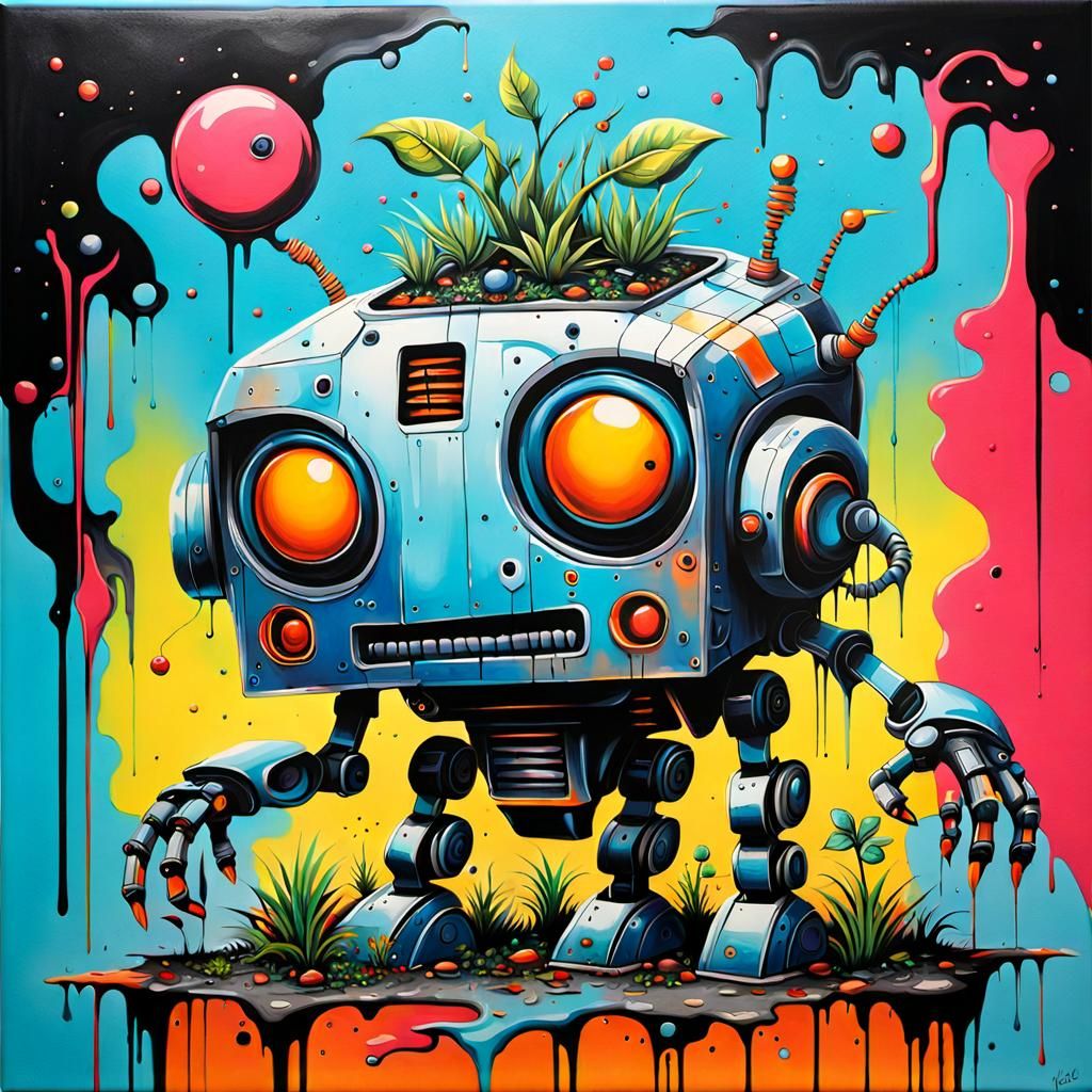 Robot with Hybrid Creatures in Graffiti Art Style