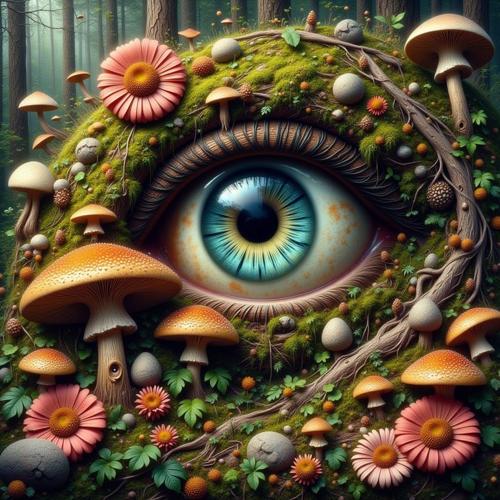 Ancient Eye Emerges from Wood in Surreal Oil Painting