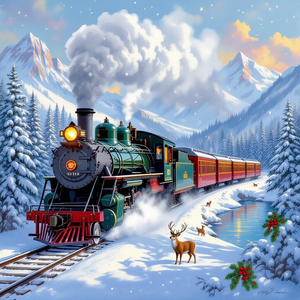 Crimson Steam Train Through Winter Wonderland