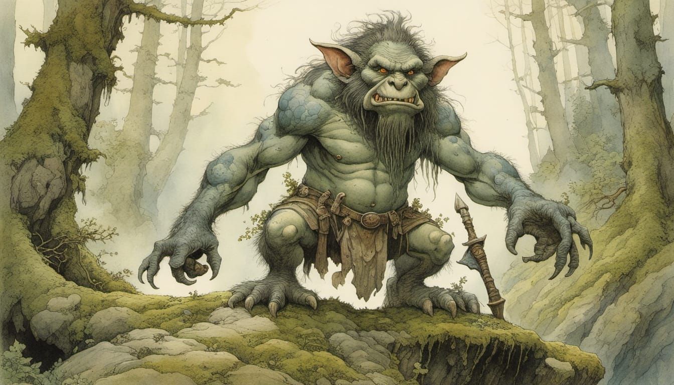 Fierce Troll in Scandinavian Forest, Watercolor Illustration