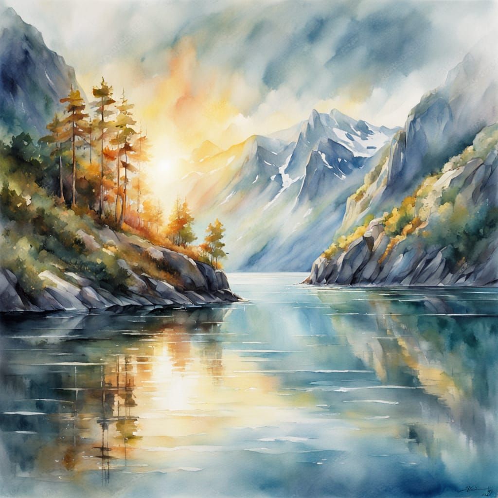 jb waterhouse watercolor michael garmash hyperdetailed composition shimmering turquoise glacial lake ...  by @-jul2910-