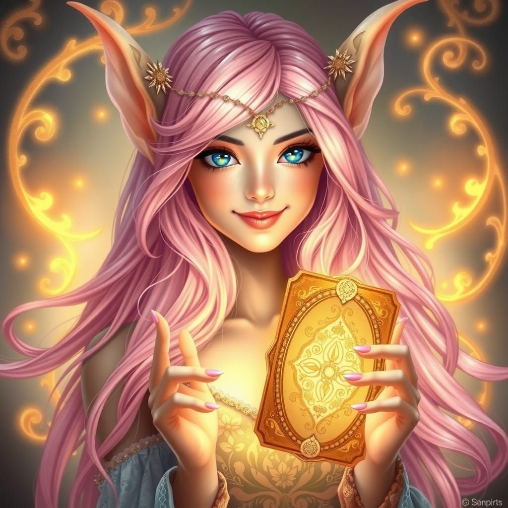 Tarot card, beautiful fae woman with long white hair, identical turquoise eyes and a blue dress. Mystical. detailed matte painting, deep col...