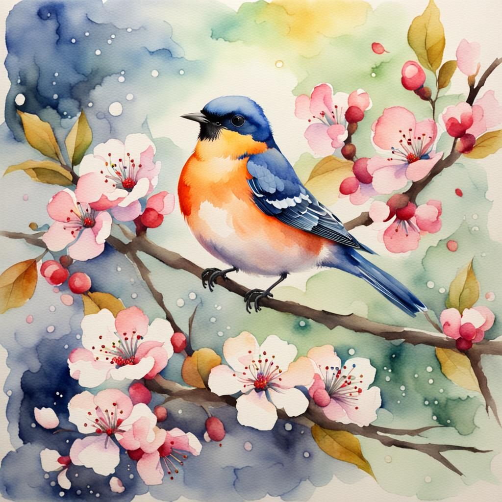A watercolor painting of a beautiful blossom bird on the bra...