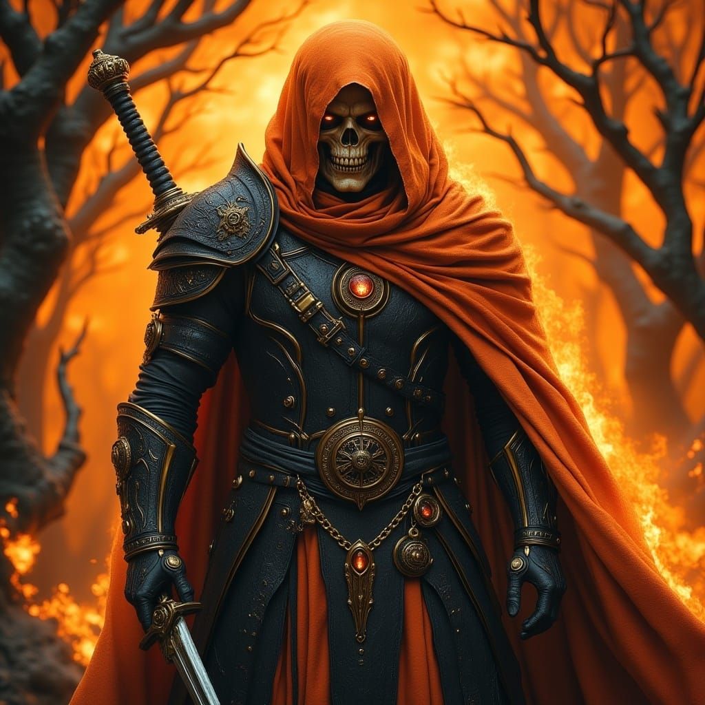 <lora:MJ6 RPG Flux:1.0> A fantasy character of an orange-hooded skeleton warrior with glowing eyes, set against a fantasy background with an...