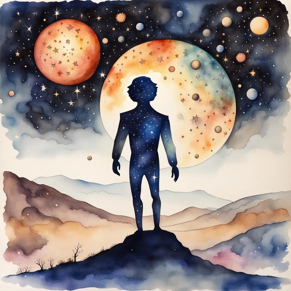 "a silhouette of a cosmic man entirely composed of stars and...