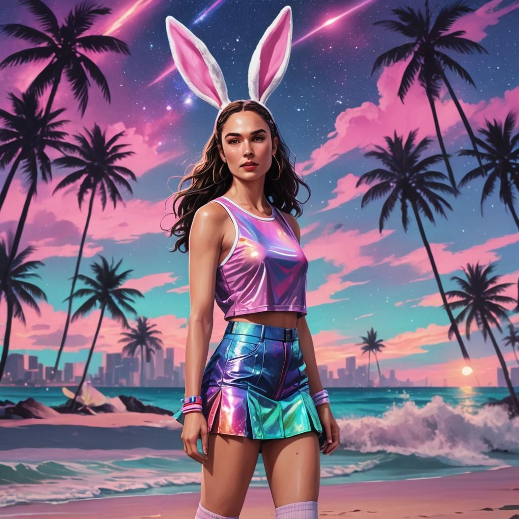 "Gal gadot,long  pigtails hair,with a mini skirt,galaxy tank...