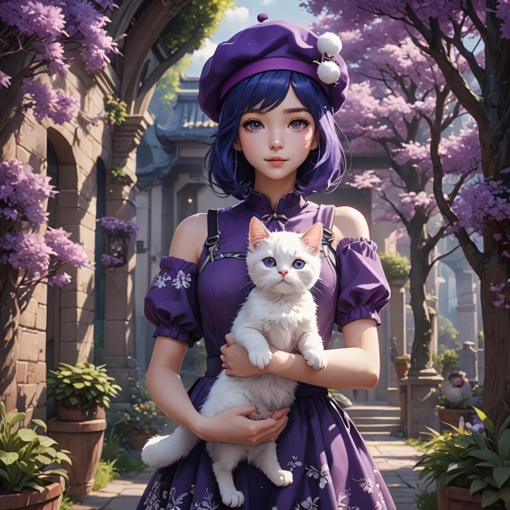 Anime Girl with Kitten in Detailed Matte Painting