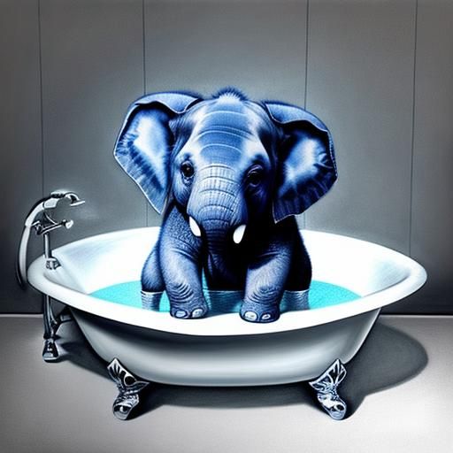 Pen drawing of a baby elephant sitting in a bathtub hyperdetailed