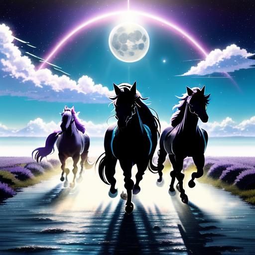 (anime horses:2) running wild by a river under the moonlight - AI ...