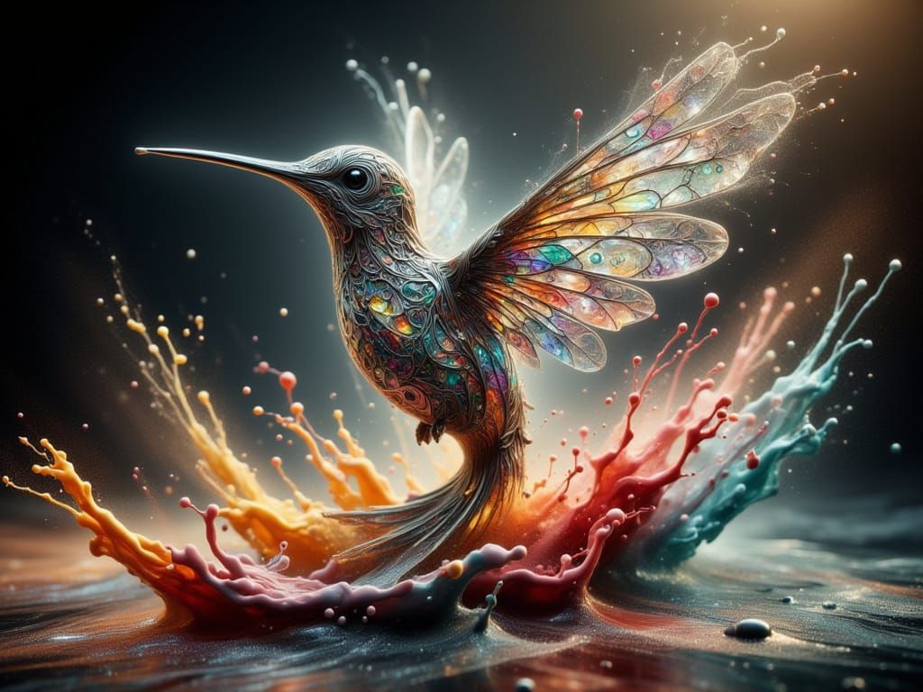 <lora:FiosLiquidBaroque:1.0> Hummingbird with vibrant splash art