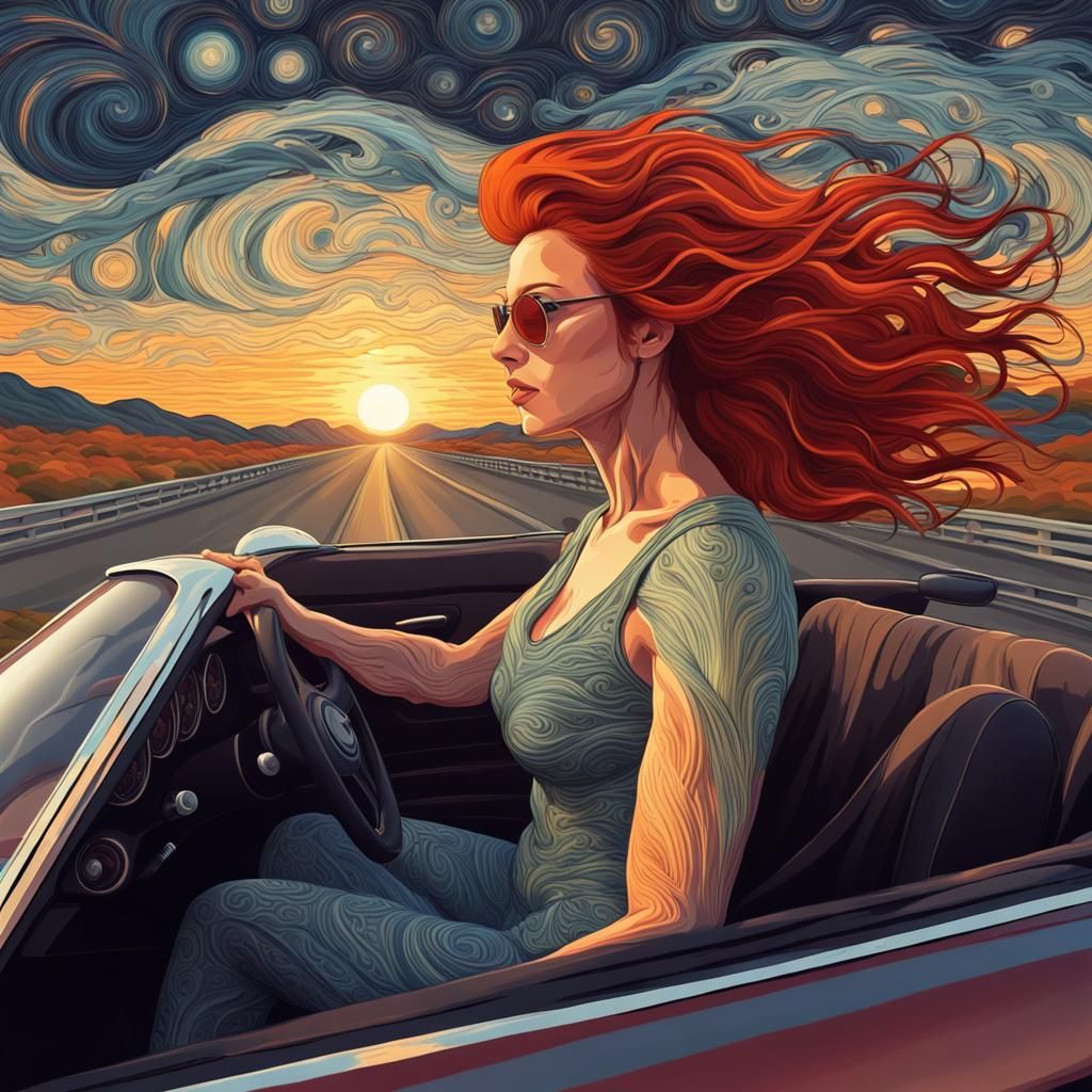 Redhead Drives Muscle Car in Van Gogh Style