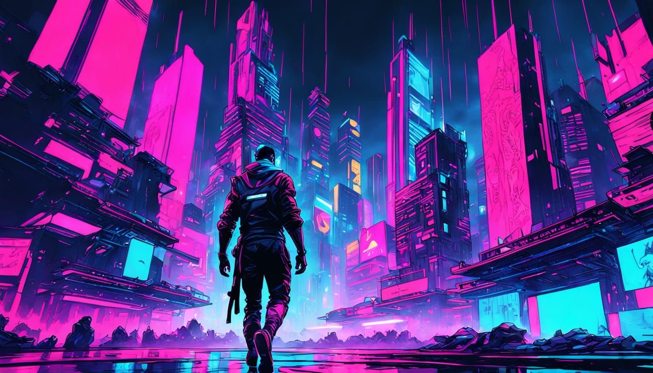 Walking between neon-drenched skyscrapers in a sprawling cyberpunk metropolis.