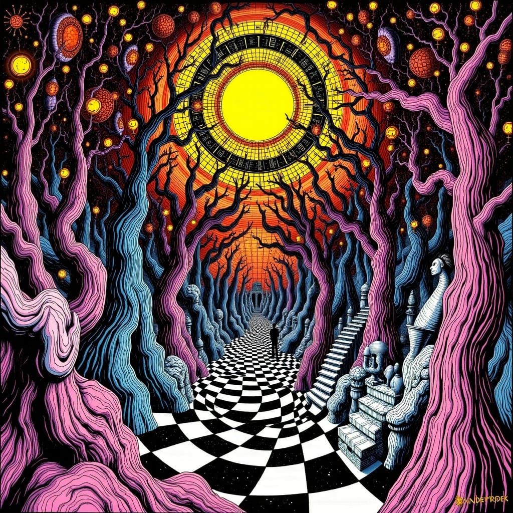 Bright and really huge text "Poe Escher" appearing in the background of a <lora:Poe Escher:1.0> Vibrant colors and Ink, Botanical Gardens Ar...