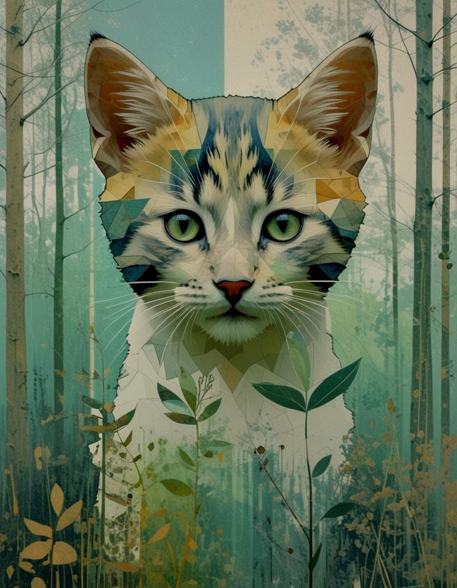A fragmented portrait of an adorable kitten, rendered in bold geometric shapes and a muted vintage color palette.