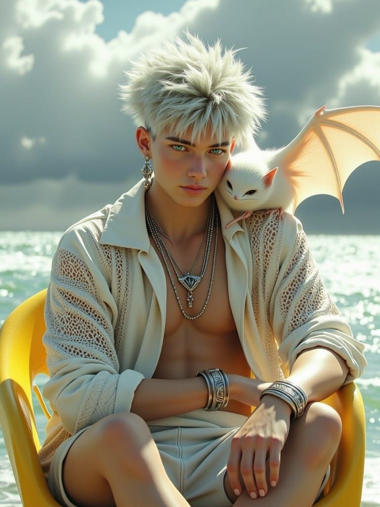 <lora:Happy-People:1.0> A Guy with a smile, big shine green eyes, fluffy silver hair tied in a ponytail to one side, in light lace clothes f...