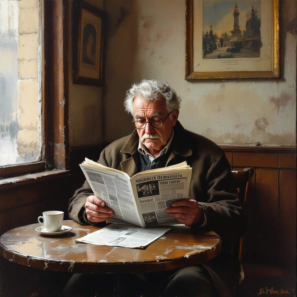  an old man reading a newspaper in a deserted cafe   by @Chippa
