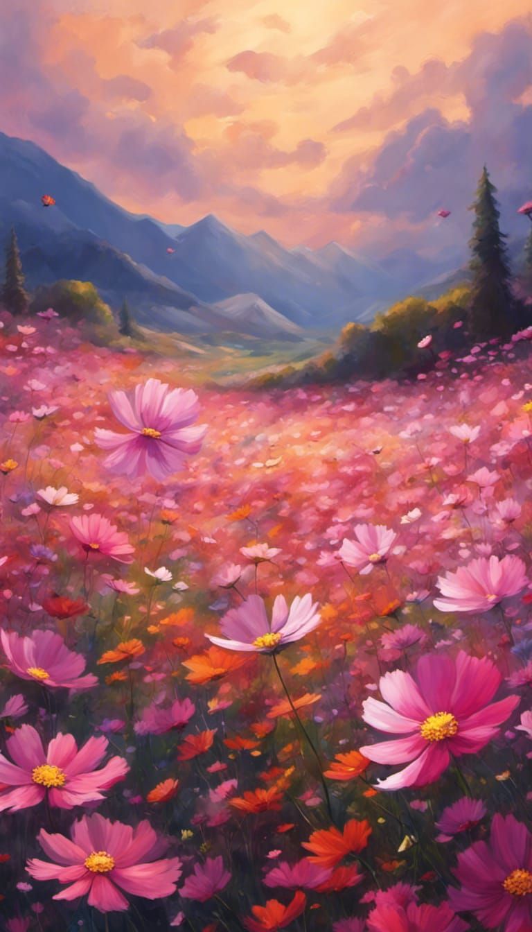 Cosmos flower field landscape at sunset